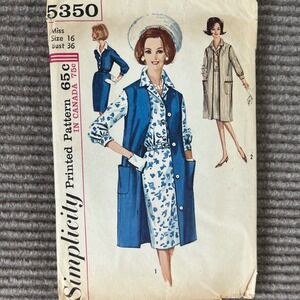 Vintage 1964 Simplicity 5350 Sewing Pattern Misses Dress & Sleeveless Coat Sz 16